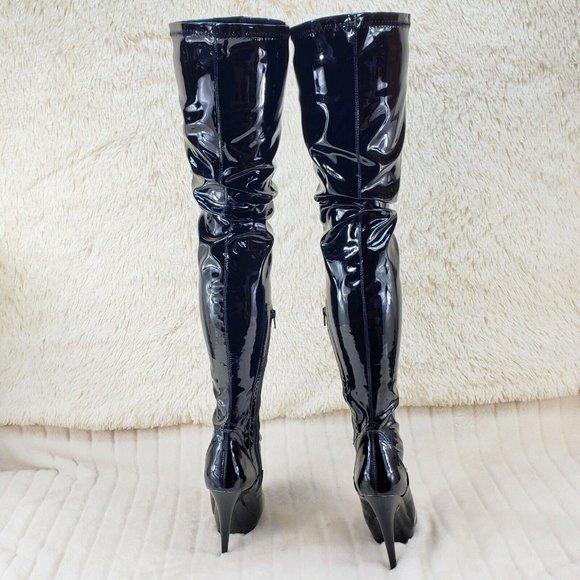Stretch Patent Black 6" High Heel Platform Thigh High Crotch Boots Sultry - Picture 6 of 8